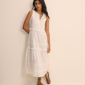 White Cotton Button Front Tiered Midaxi Dress
