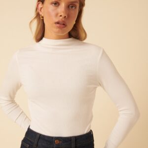 White Ribbed High Neck Long Sleeve Top