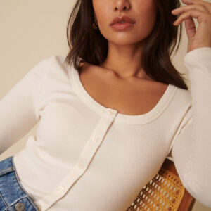 Cream Scoop Neck Button Through Top