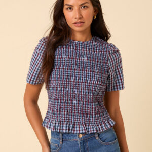 Blue And Red Gingham Shirred Top