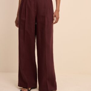 Burgundy Linen Blend High Waisted Wide Leg Trousers